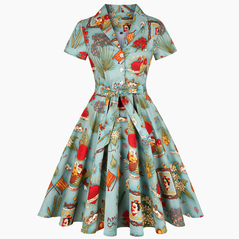 🍋New Summer Mood💛Women's Printed Lapel V-Neck Long Dress with Belt