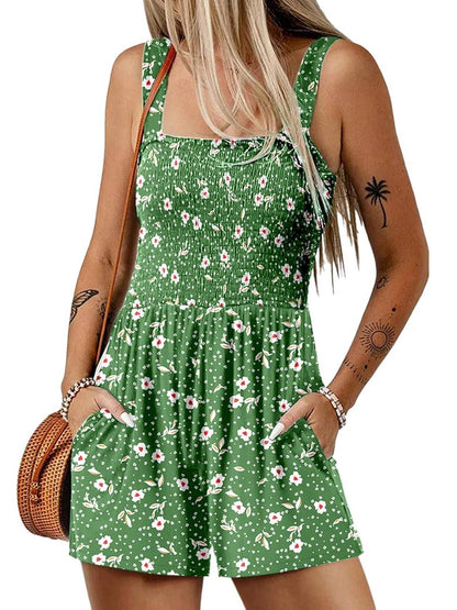 💃Women's Summer Square Neck Sleeveless Loose Casual Short Smocked Romper✨