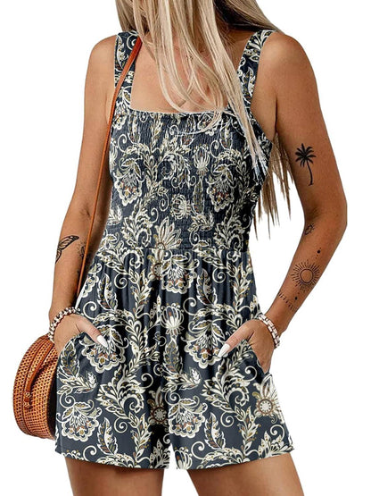 💃Women's Summer Square Neck Sleeveless Loose Casual Short Smocked Romper✨