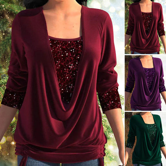 🎁Christmas discount 50% OFF🎄Sequin Loose Smocked Fake Two-Piece Top