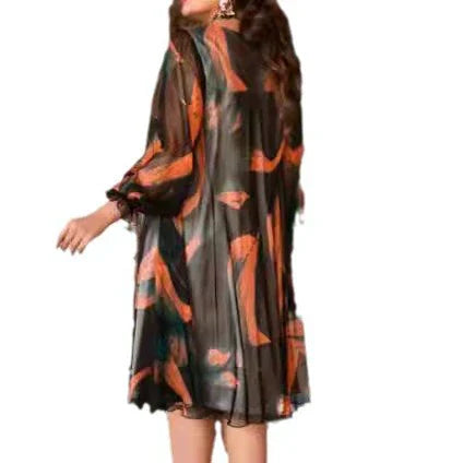 Round Neck Long Sleeve Printed Flowy Dress