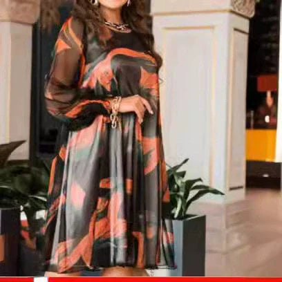 Round Neck Long Sleeve Printed Flowy Dress