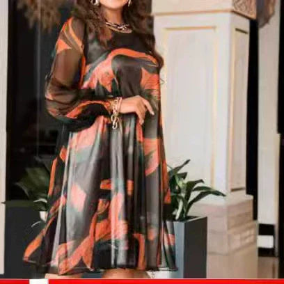 Round Neck Long Sleeve Printed Flowy Dress