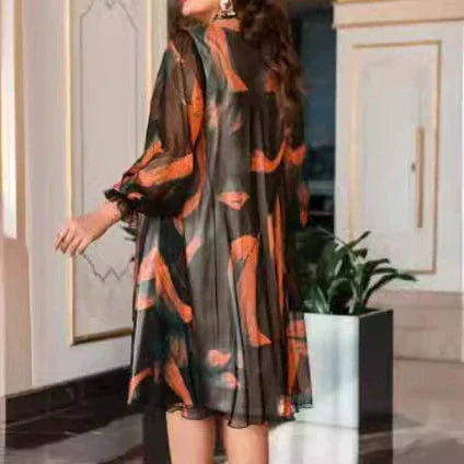 Round Neck Long Sleeve Printed Flowy Dress