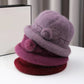 Thick Knitted Curled Brim Basin Hat with Floral Accent