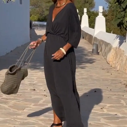 Ruched Wrap V-Neck Dress with Side Slit