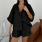 Women's Casual Lapel Top & High-Waisted Shorts Set