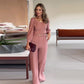 Elegant Pink Square Neckline Top & Wide-Leg Pants 2-Piece Set