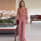 Elegant Pink Square Neckline Top & Wide-Leg Pants 2-Piece Set