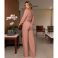 Elegant Pink Square Neckline Top & Wide-Leg Pants 2-Piece Set