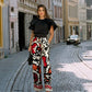 Women's Ruffle Short-Sleeve Tops ＆ Printed Pants Set
