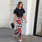 Women's Ruffle Short-Sleeve Tops ＆ Printed Pants Set
