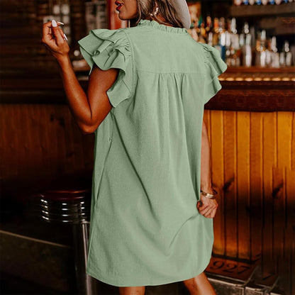 Women's Casual V-Neck Ruffle Pleated Dress
