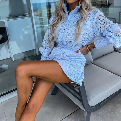 Women's Casual Elegant Lace 2-Piece Set with Button Down Shirt and Shorts