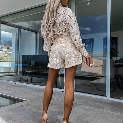 Women's Casual Elegant Lace 2-Piece Set with Button Down Shirt and Shorts