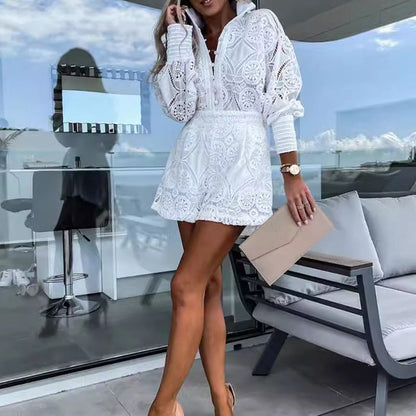 Women's Casual Elegant Lace 2-Piece Set with Button Down Shirt and Shorts