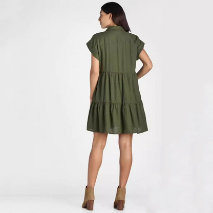 Women’s Lapel Short Sleeve Pleated Button-Down Dress