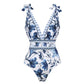 💕Spring New💕V Neck Lace Up Printed One Piece Swimsuit and Skirt