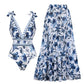 💕Spring New💕V Neck Lace Up Printed One Piece Swimsuit and Skirt